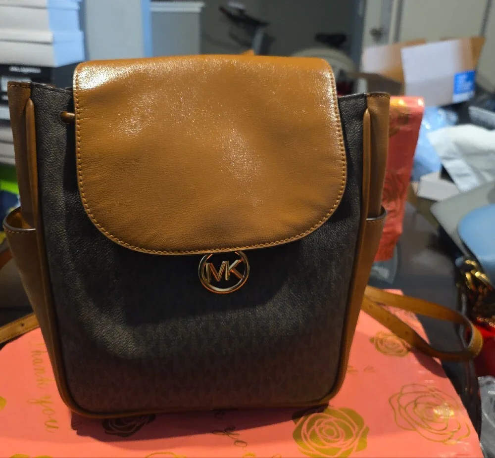 Michael Kors Brown and Tan Logo-Print Backpack